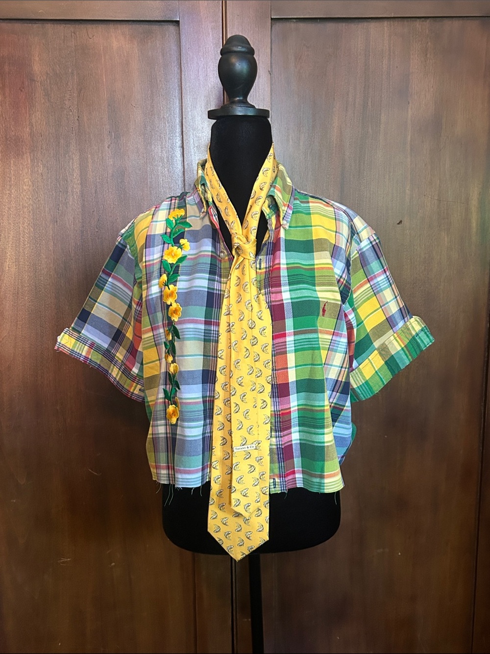 Upcycled OOAK Ralph Lauren Cropped Shirt with Tiffany Tie (2 Pcs)